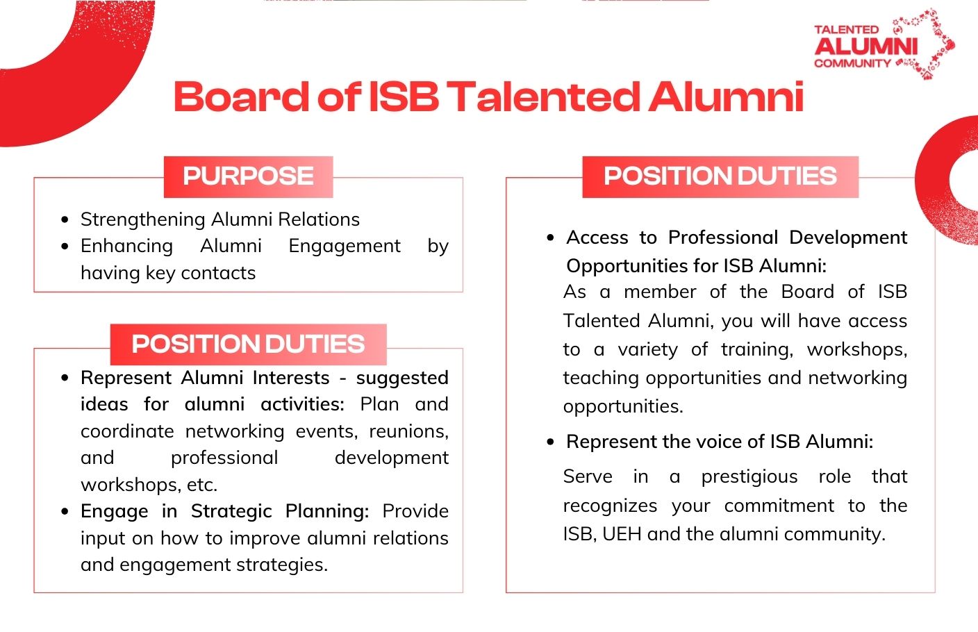 Board of ISB Talented Alumni sẽ đóng vai trò là cầu nối và đại diện cho Cộng đồng Cựu sinh viên và học viên